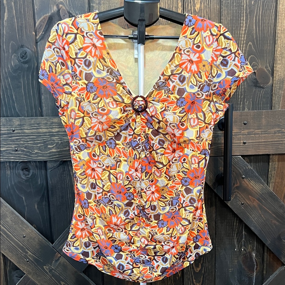 Vtg Y2K Floral Babydoll O Ring Top L Tattoo Mesh Colorful Boho Chic Ruched Retro